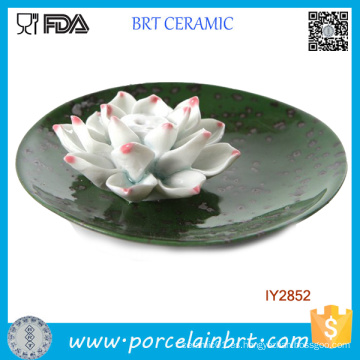 Lotus Flower Ceramic Green Circular Tray Artículos Artesanía